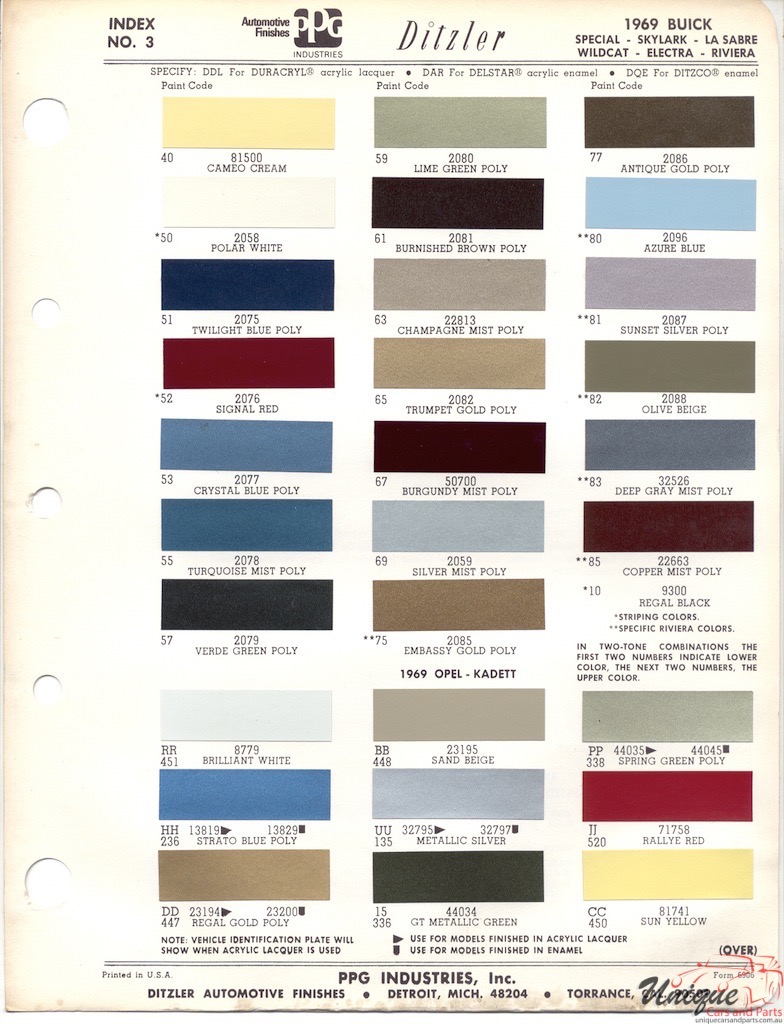 1969 Buick And Opel Paint Charts PPG 1